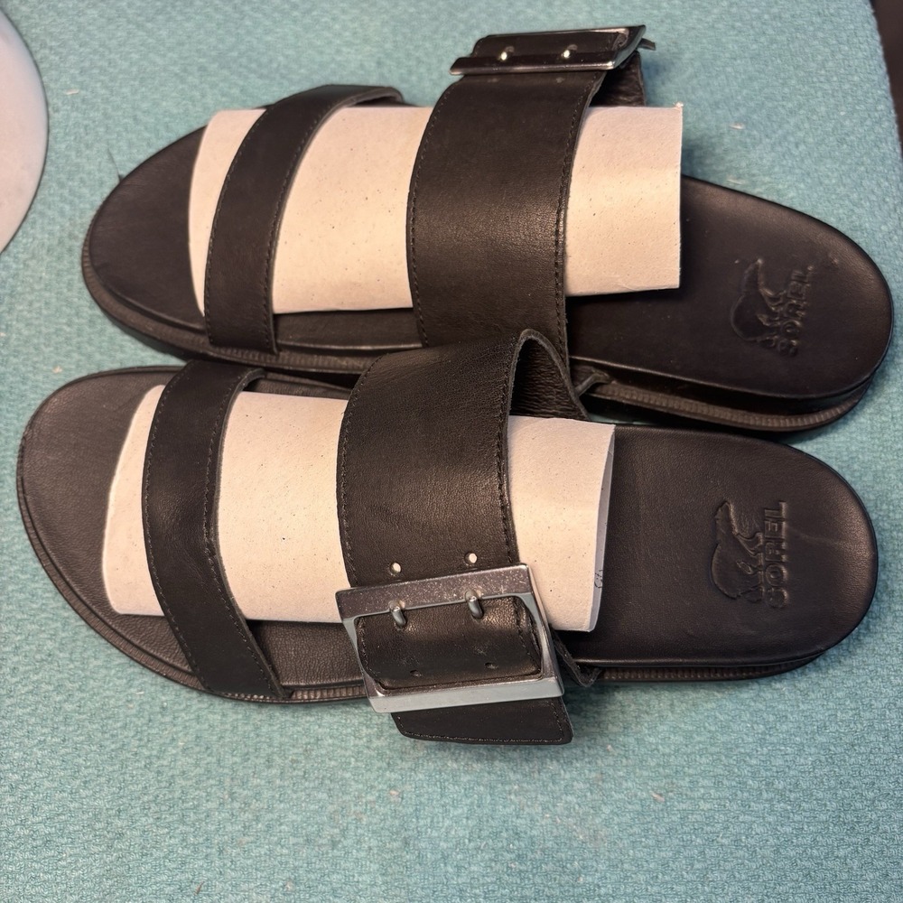 Sorel Women's Black Leather Two  Strap & Buckle Sandals Size 8.5 Dress Or Casual